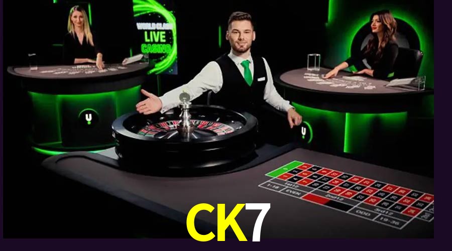 Una escena digital vívida inspirada en casino con CK7 mostrado prominentemente, luces brillantes, fichas, cartas y acentos dorados.