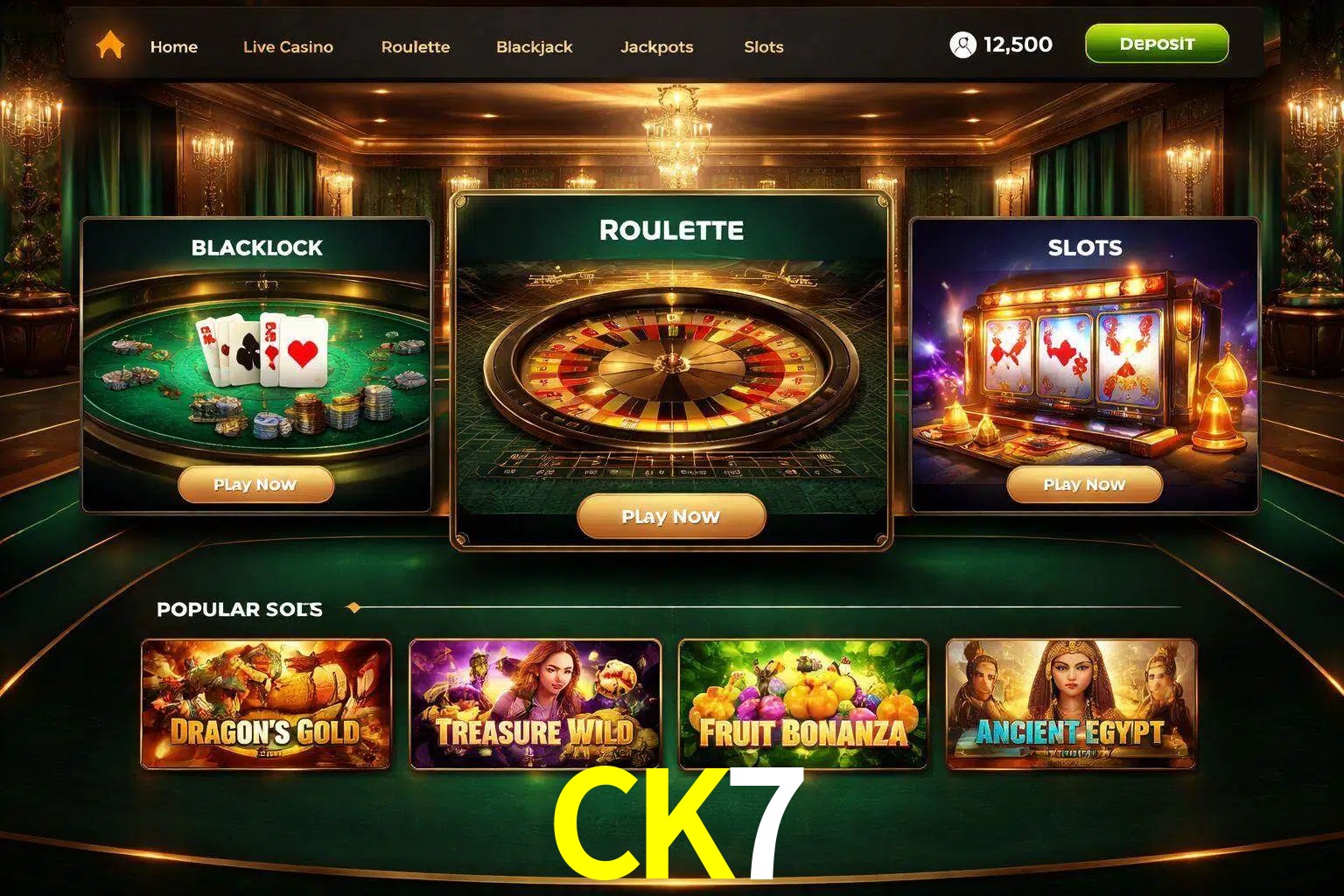 Vista de la plataforma CK7 Casino mostrando categorías organizadas de juegos en línea