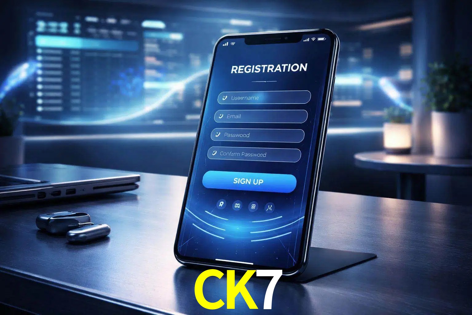 Una interfaz moderna de registro móvil para CK7 mostrada en un smartphone con un panel de apuestas elegante.